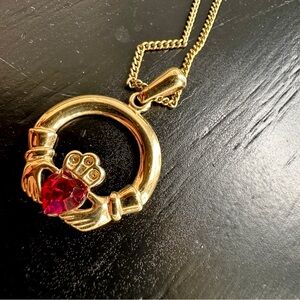 Gold Claddagh Necklace with Red Heart Gemstone